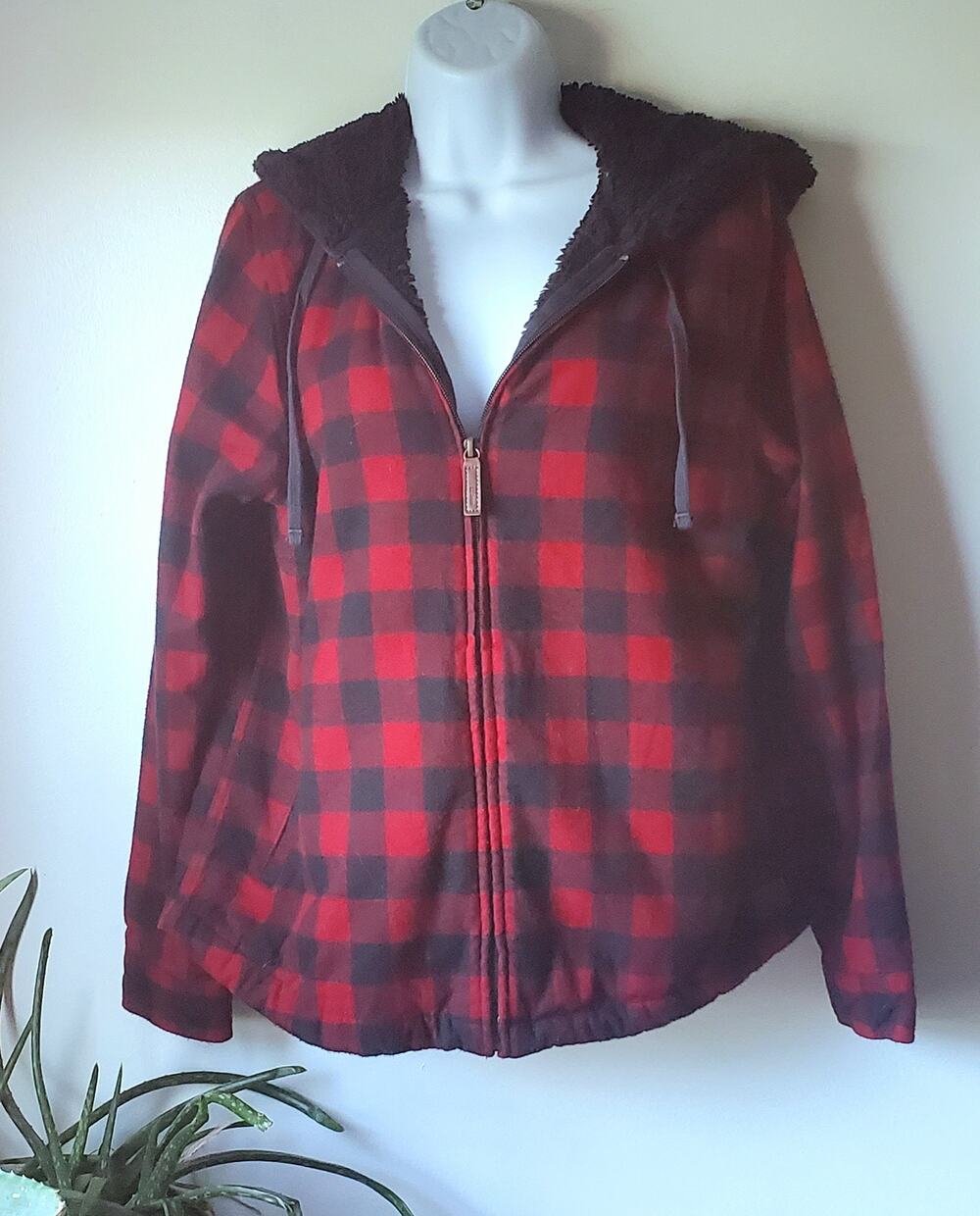 L.L Bean Buffalo Check Fleece Lined Hooded Zip Up Jacket Womens Small Preppy